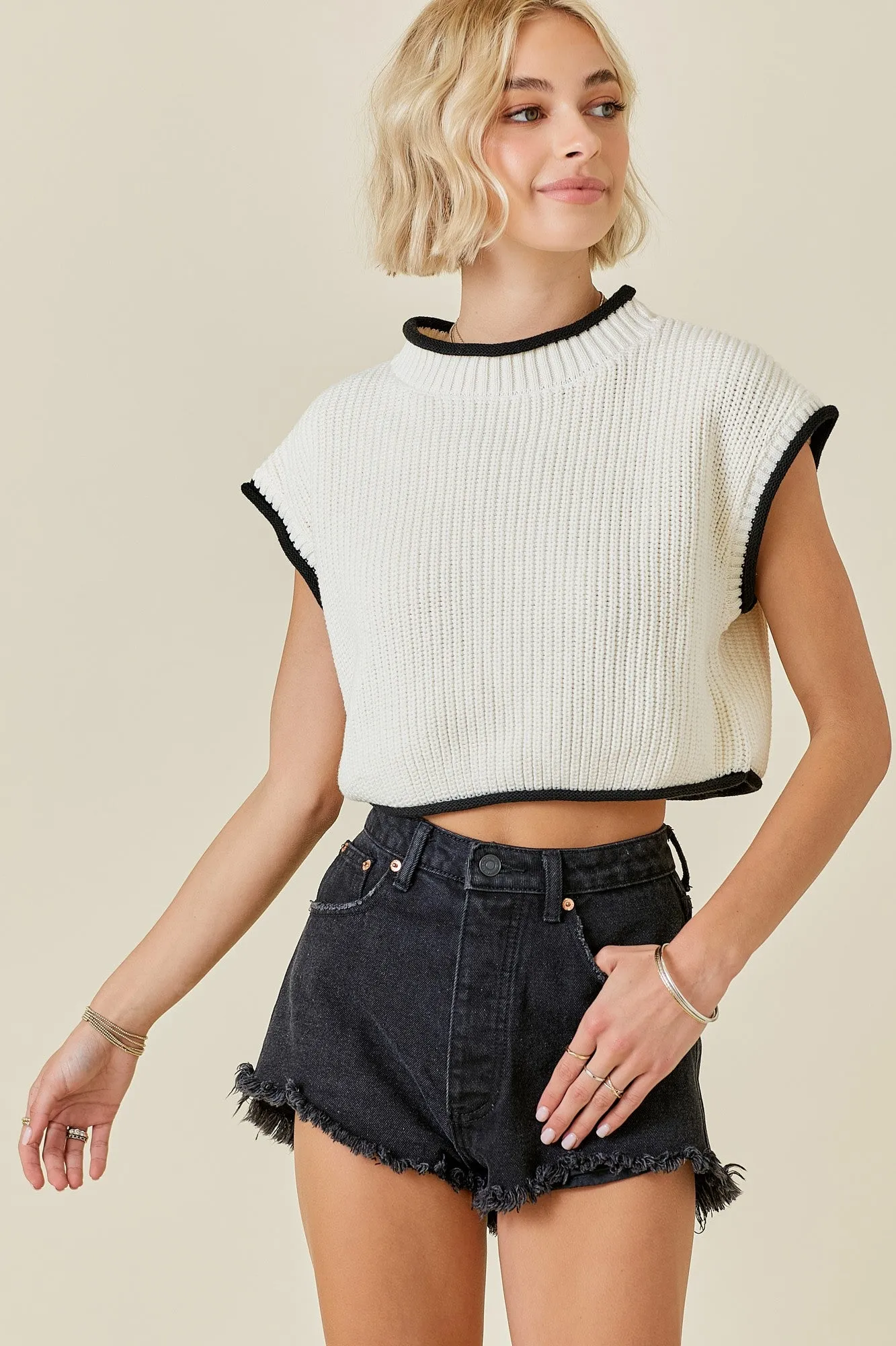 Boxy Sweater Top With Contrast Detail