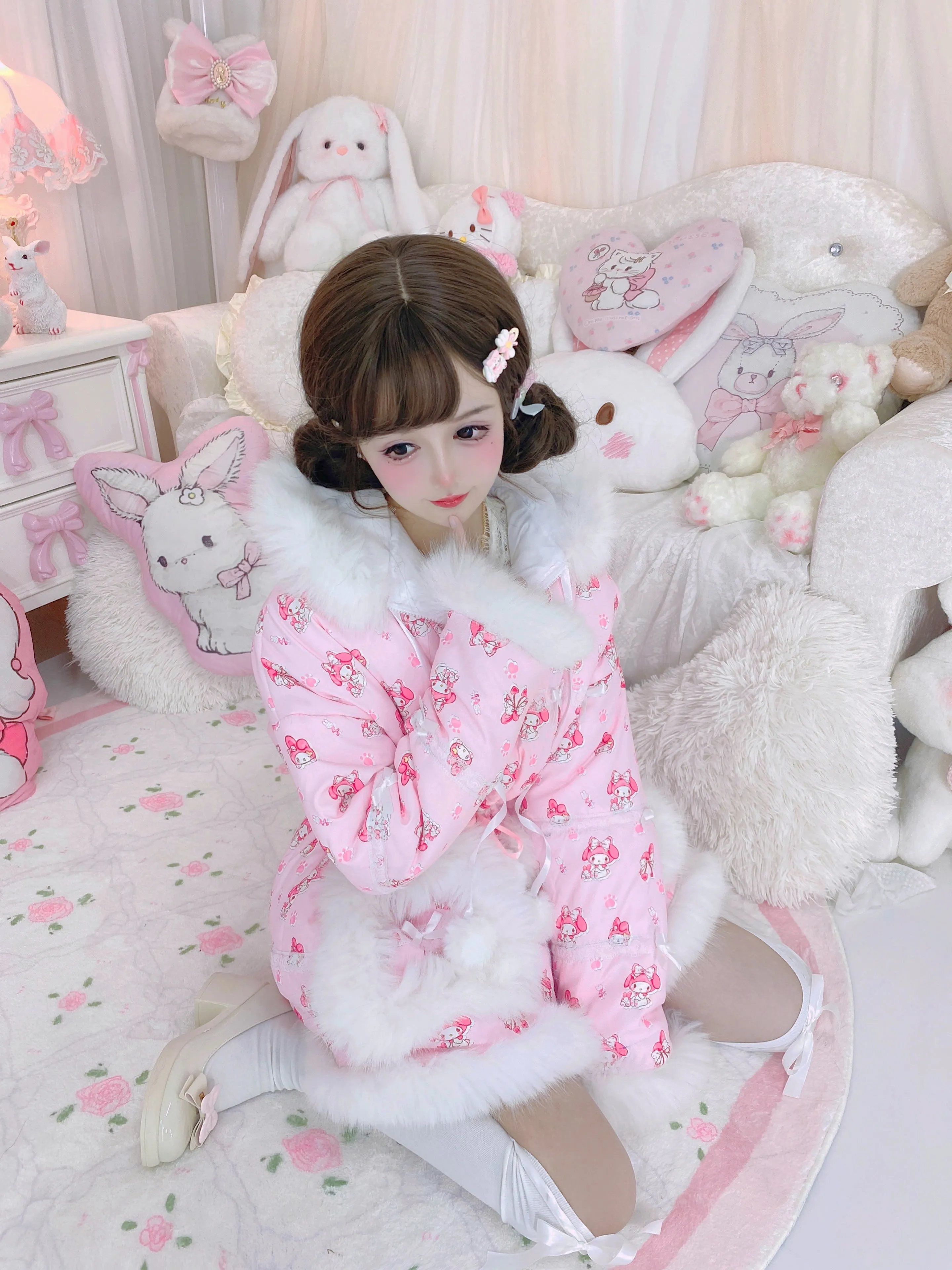 Candy Fairy Sweetie Melody Cartoon Pink Fur Plush Velvet Thick Puffer Jacket Coat