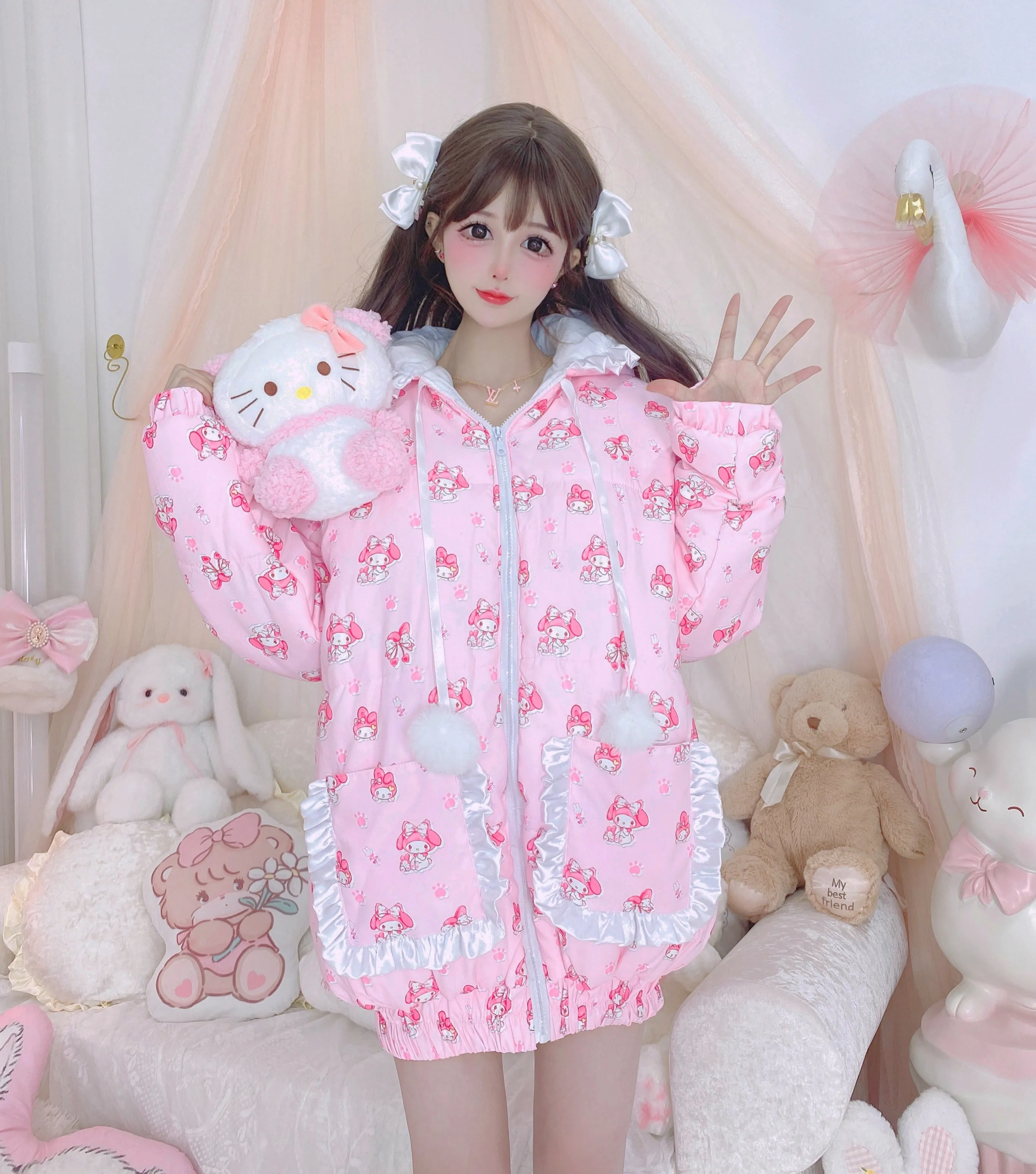 Candy Fairy Sweetie Melody Cartoon Pink Fur Plush Velvet Thick Puffer Jacket Coat