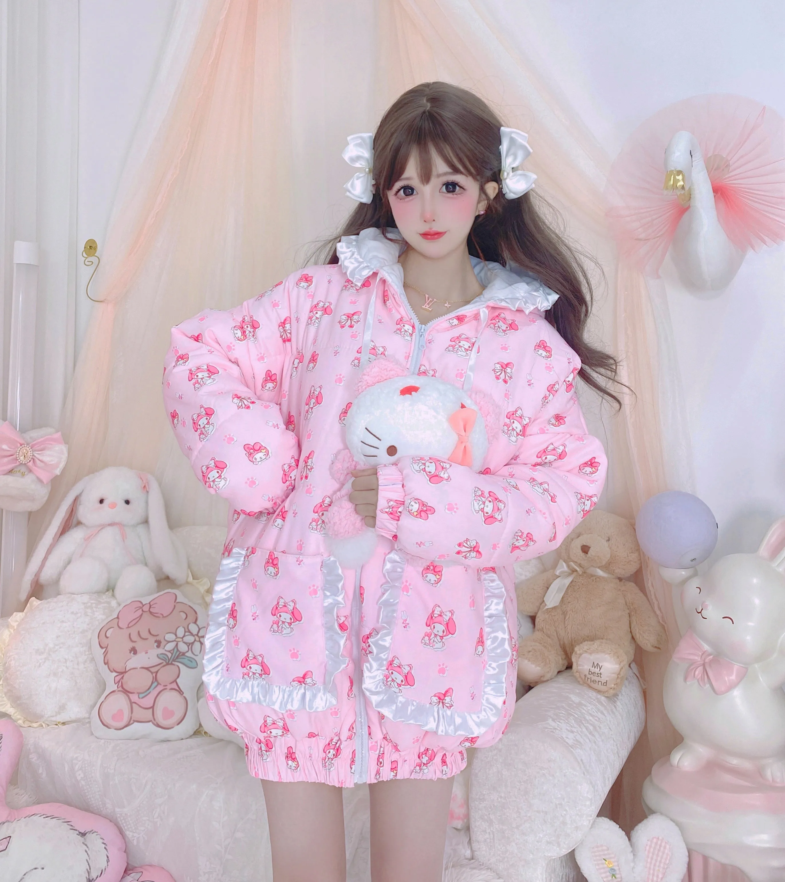 Candy Fairy Sweetie Melody Cartoon Pink Fur Plush Velvet Thick Puffer Jacket Coat