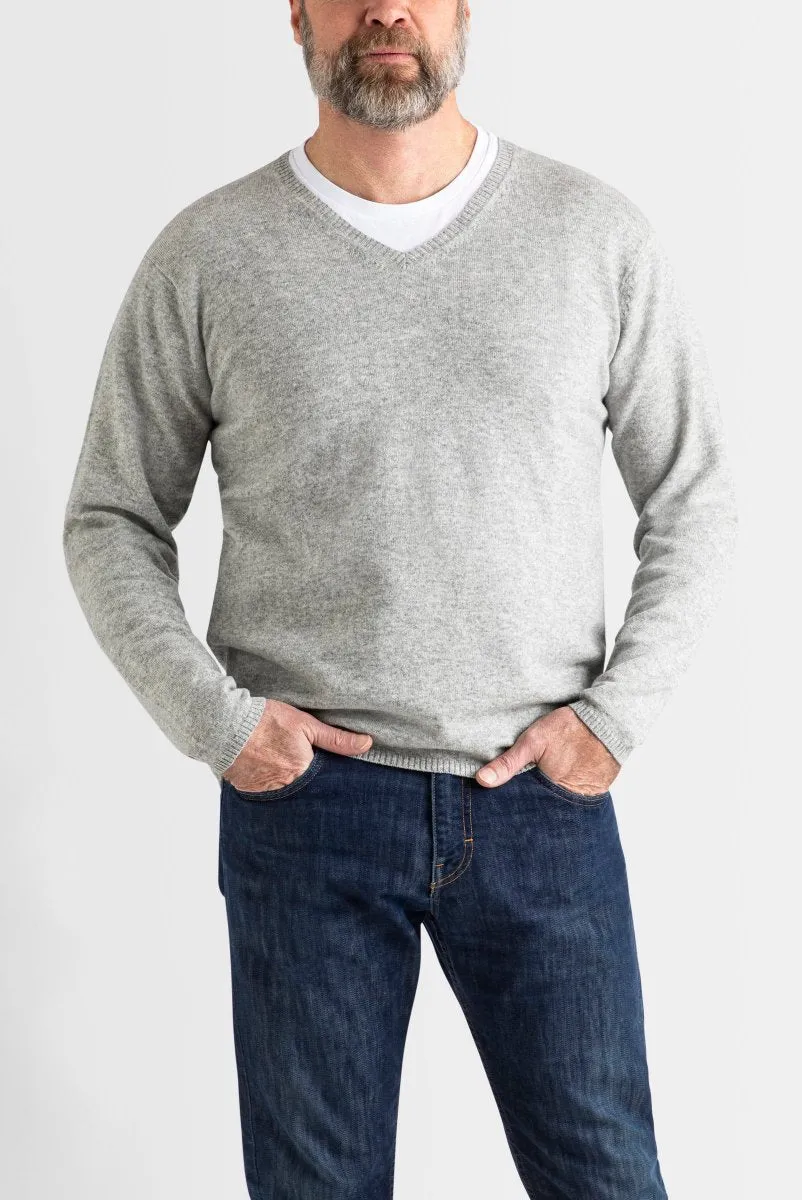 Cashmere Mens V-Neck in Pale Marle Grey