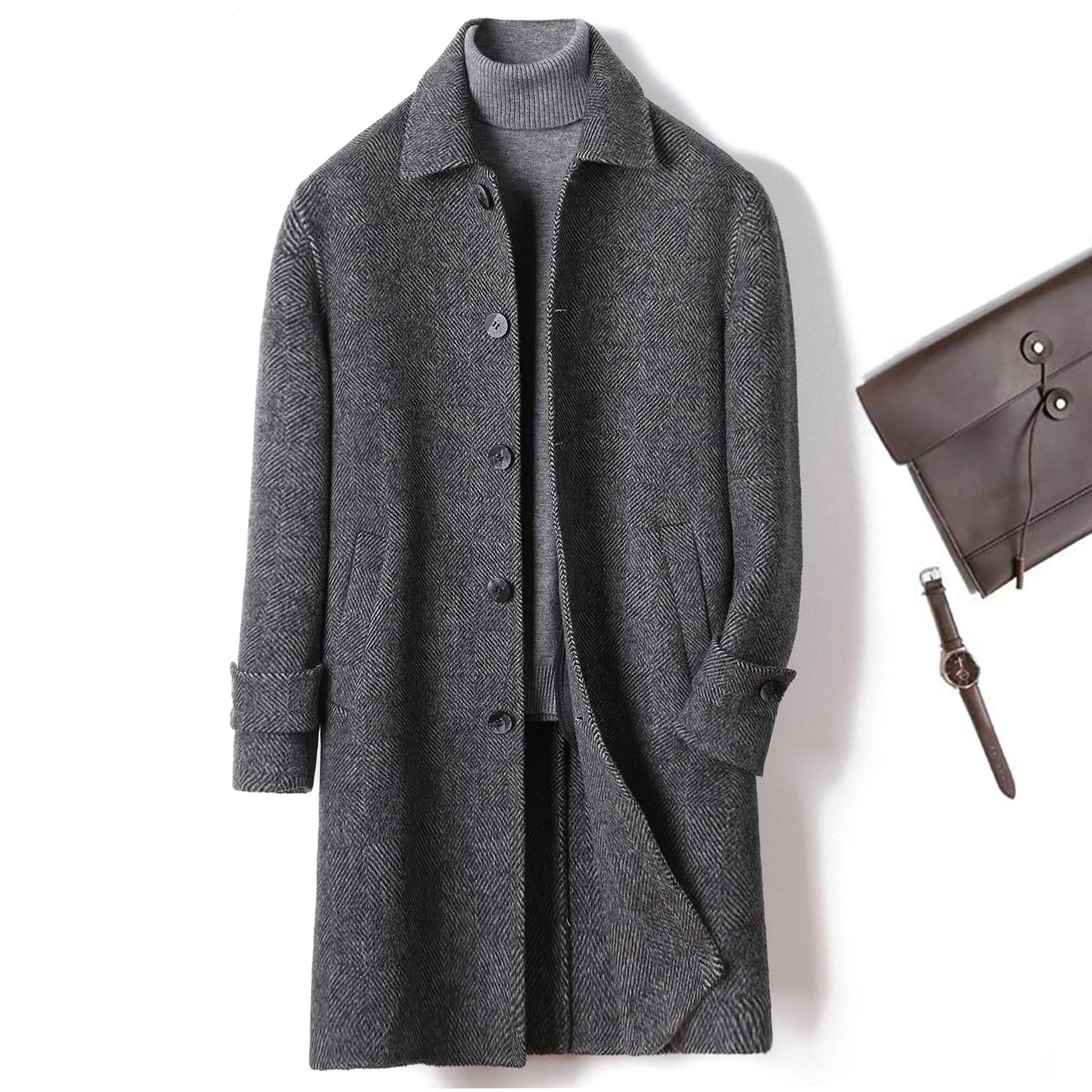 Cashmere Wool Coat Winter Plaid Long Casual Coat