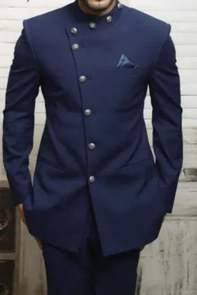 Classic Navy Blue Jodhpuri Suit, Maharaja Style Jodhpuri Suit for Mens