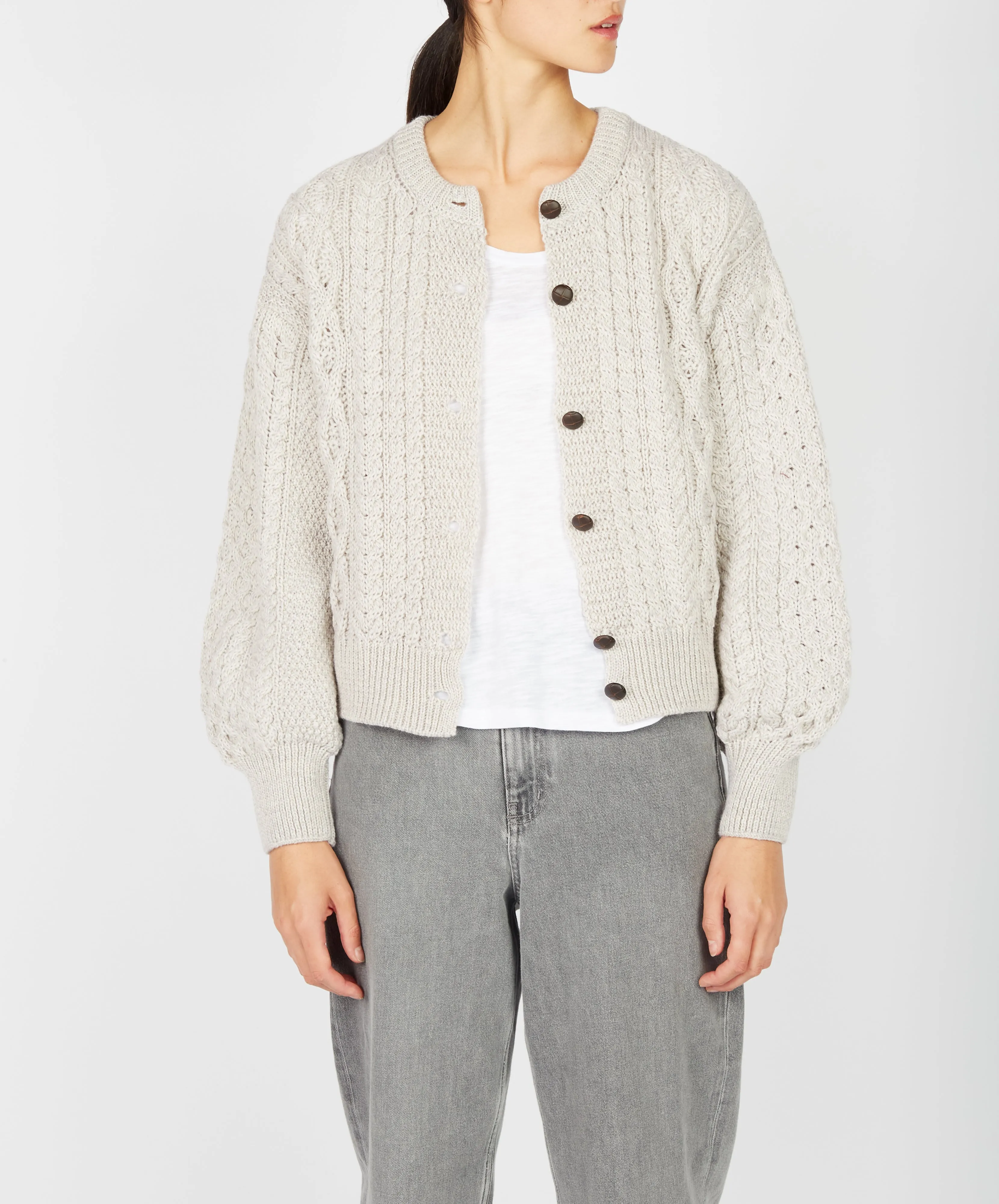 Clover Cropped Aran Cardigan Silver Marl