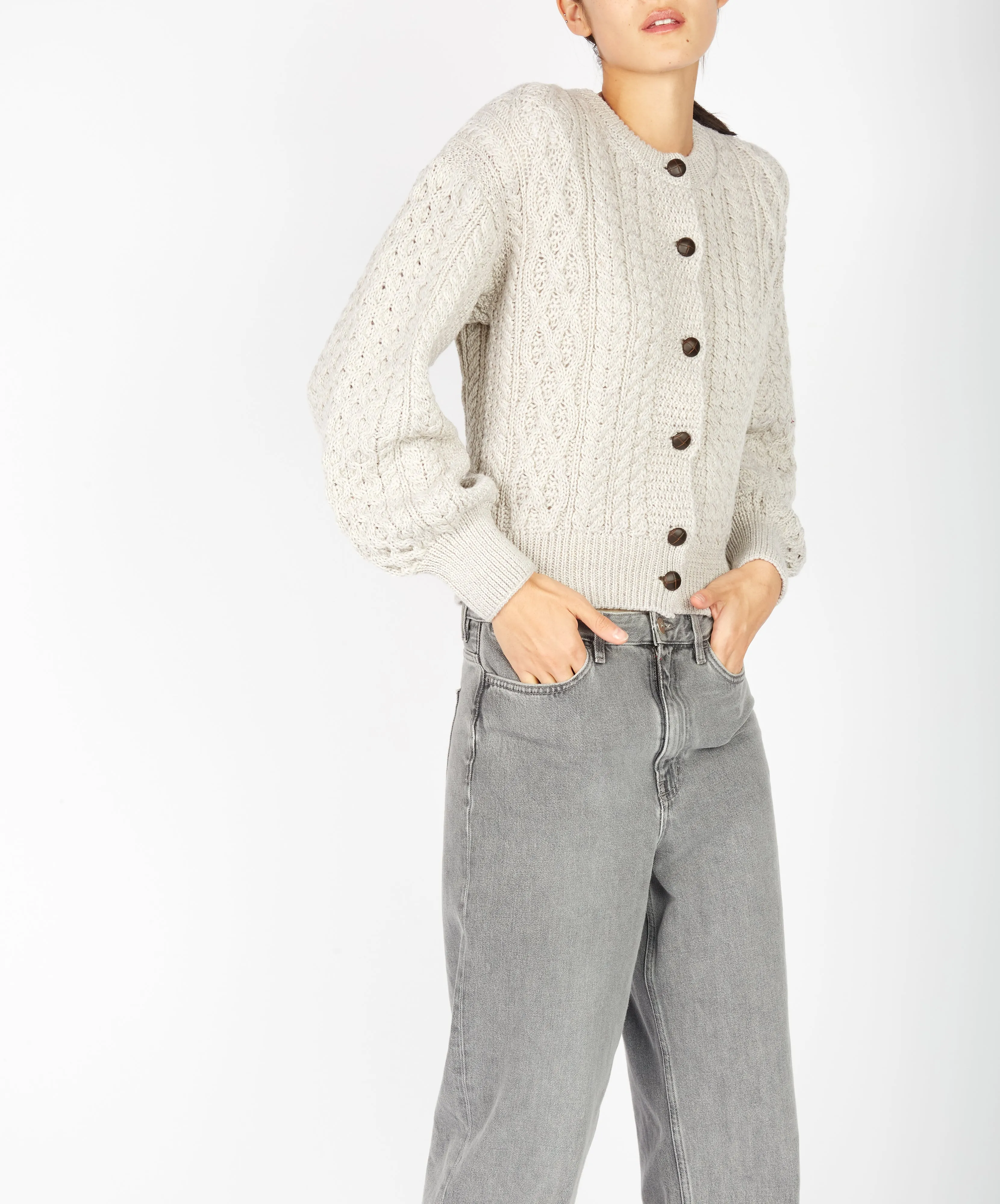 Clover Cropped Aran Cardigan Silver Marl