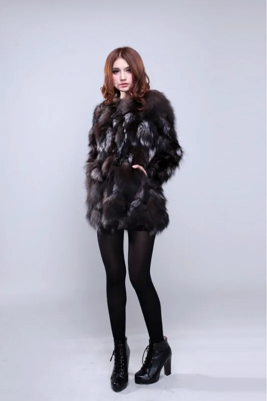 Coat for Women Real Silver Fox Fur Overcoat Garment Jacket  010207