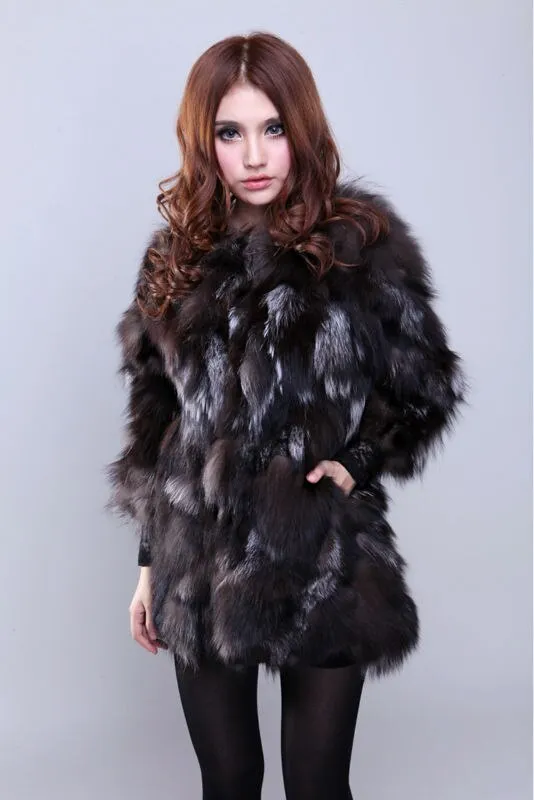 Coat for Women Real Silver Fox Fur Overcoat Garment Jacket  010207