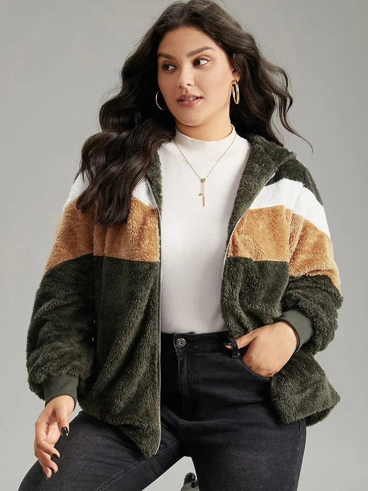 Colorblock Contrast Fuzzy Zipper Jacket