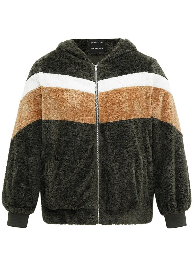 Colorblock Contrast Fuzzy Zipper Jacket