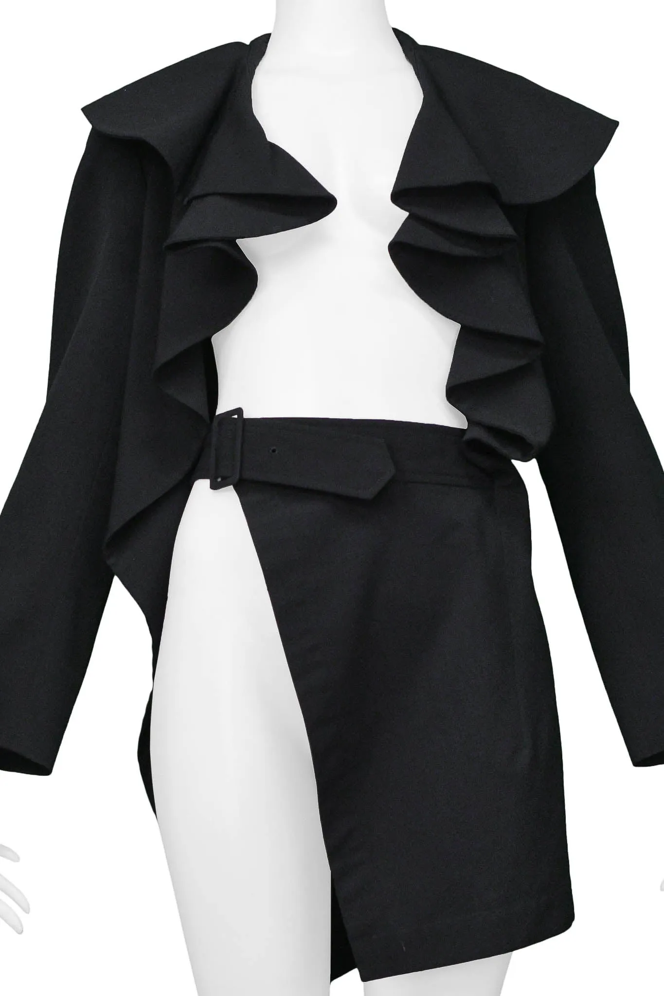 COMME DES GARCONS BLACK RUFFLE JACKET WITH ATTACHED BELT & FRONT PANEL