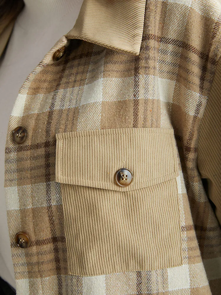 Corduroy Plaid Patchwork Pocket Jacket