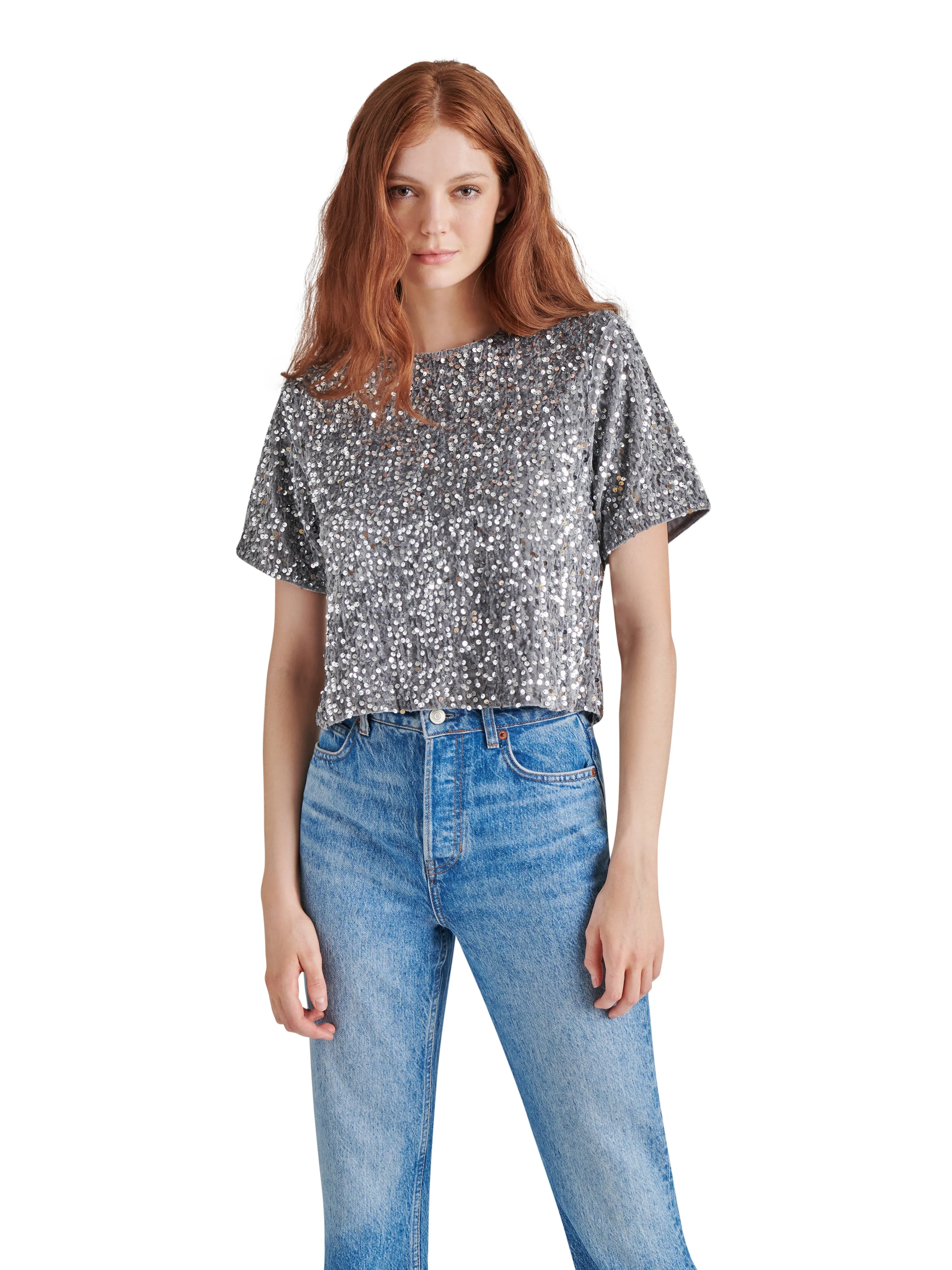 Cressa Sequin Velvet Top, Grey | Steve Madden