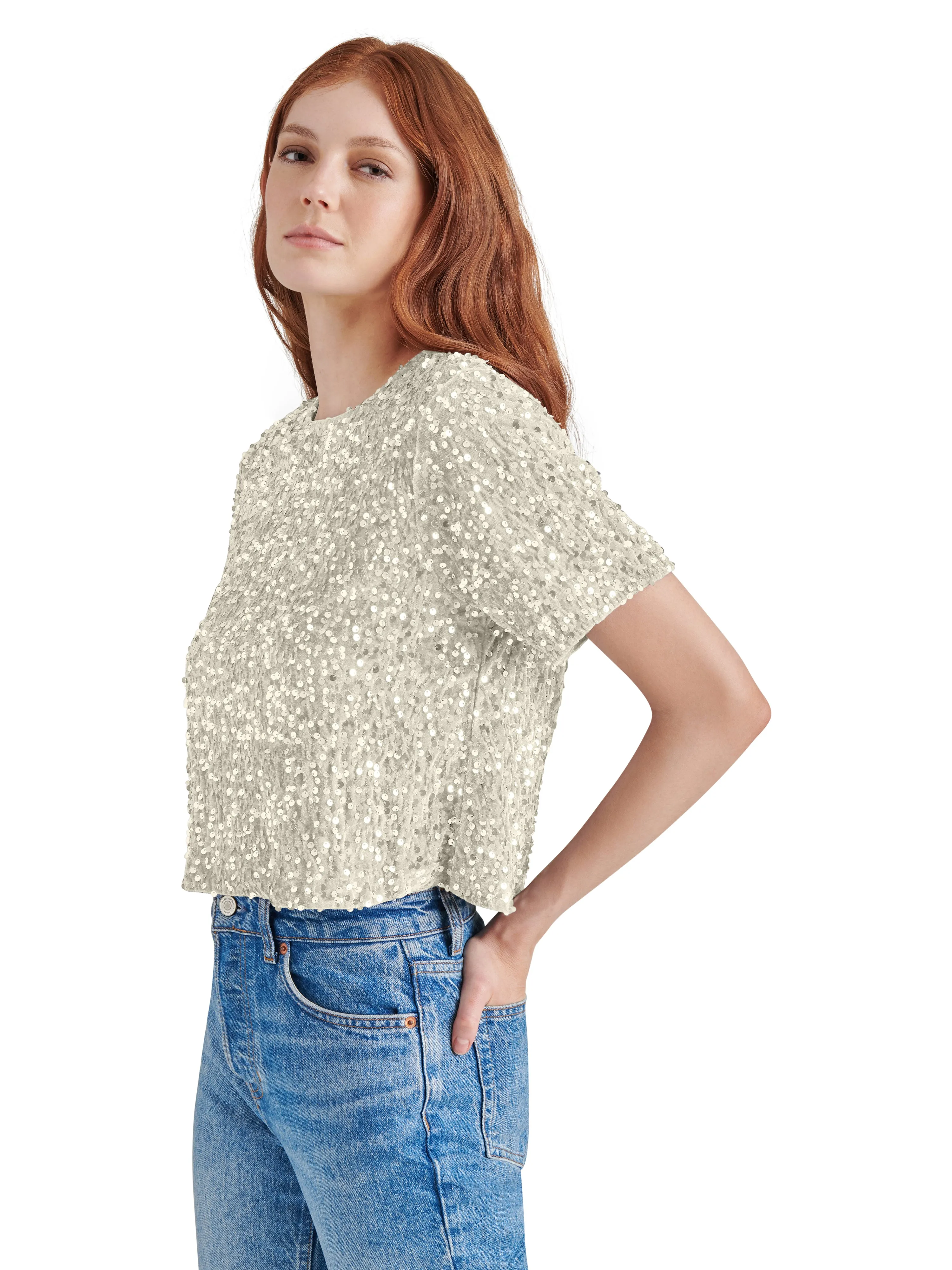 Cressa Sequin Velvet Top, Ivory | Steve Madden