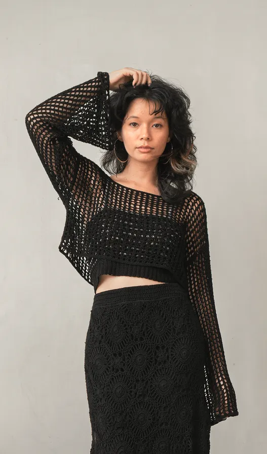 Crochet Cropped Sweater Rayon Black, 1 Size