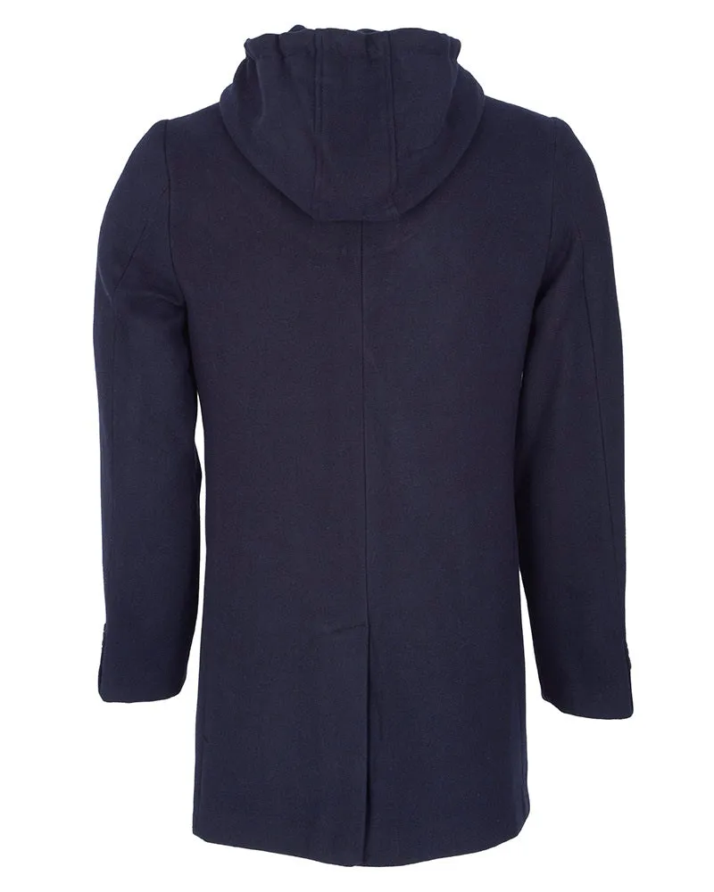 Dark Blue Wool Blend Warm Overcoat With Detachable Hood