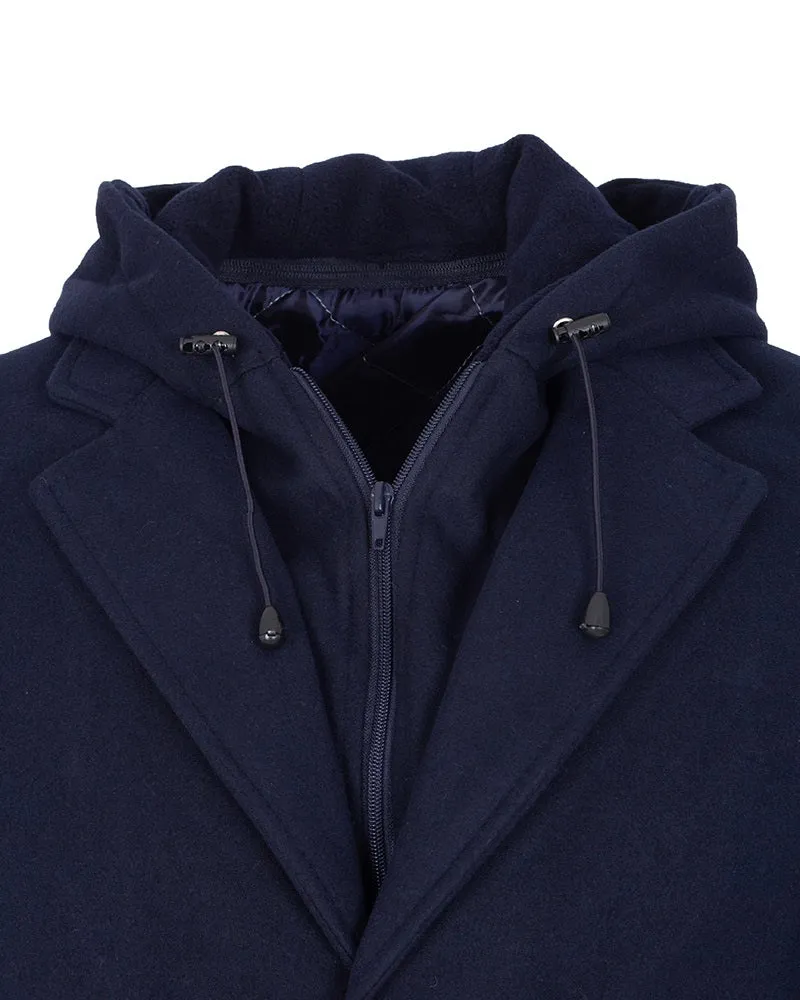 Dark Blue Wool Blend Warm Overcoat With Detachable Hood