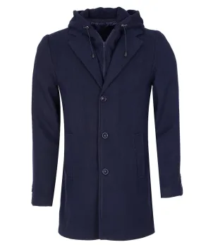 Dark Blue Wool Blend Warm Overcoat With Detachable Hood