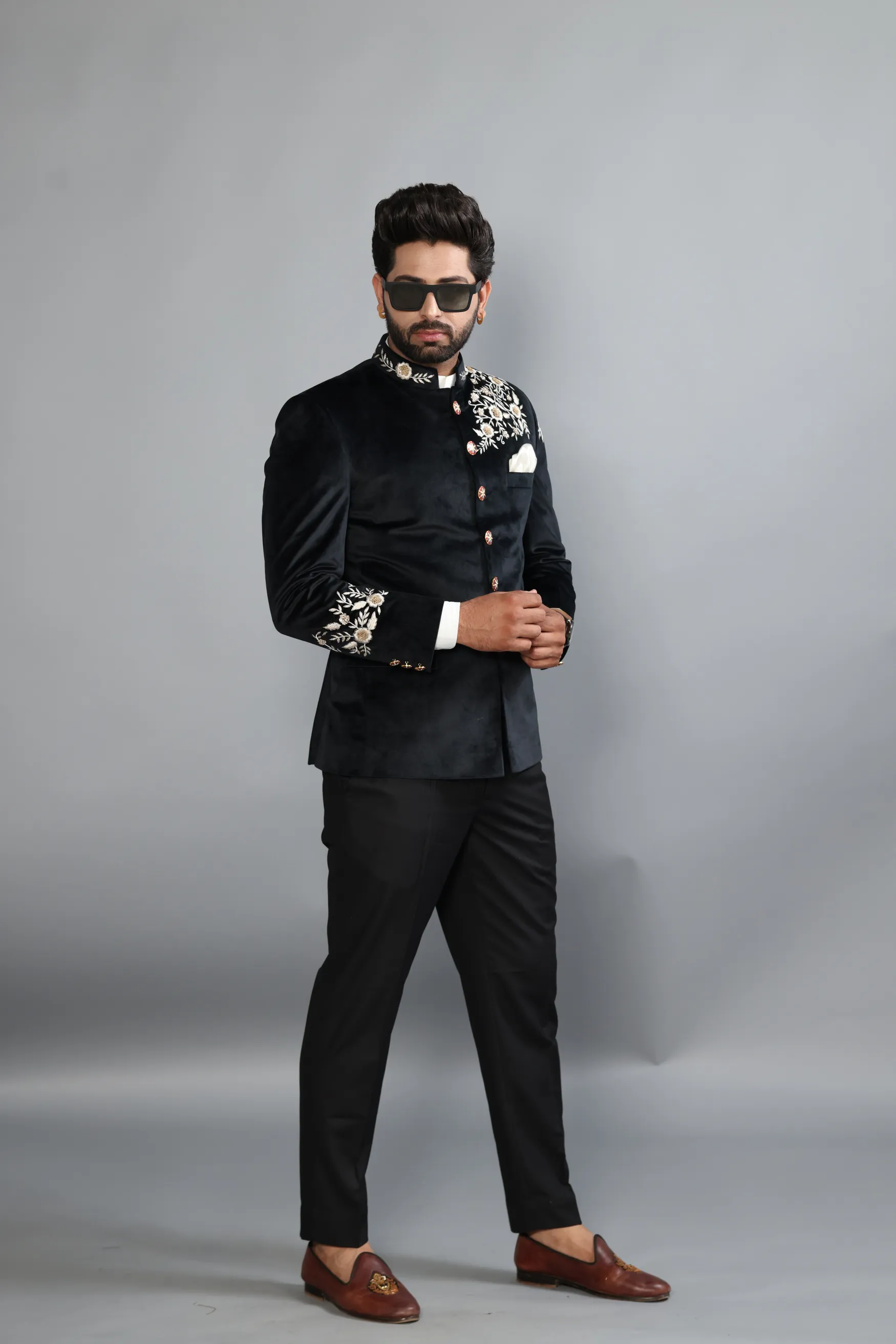 Dazzling Black Silky Smooth Velvet Hand Embroidered Jodhpuri Bandhgala with Hand-Enameled Buttons| Black Trouser| Perfect Contemporary style for Wedding| Floral Details