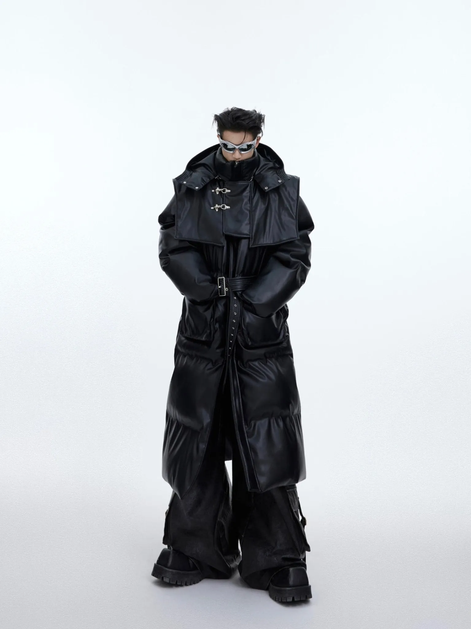 Deconstructed Longline Hooded Puffer | Designer Thick Leather Overcoat