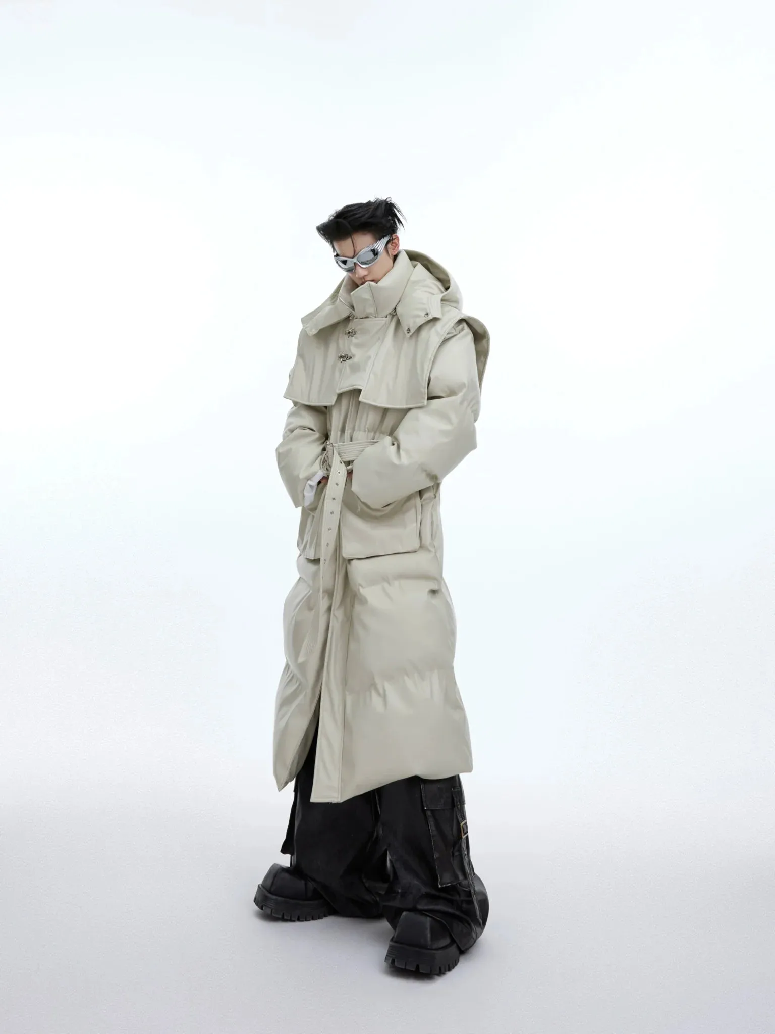 Deconstructed Longline Hooded Puffer | Designer Thick Leather Overcoat