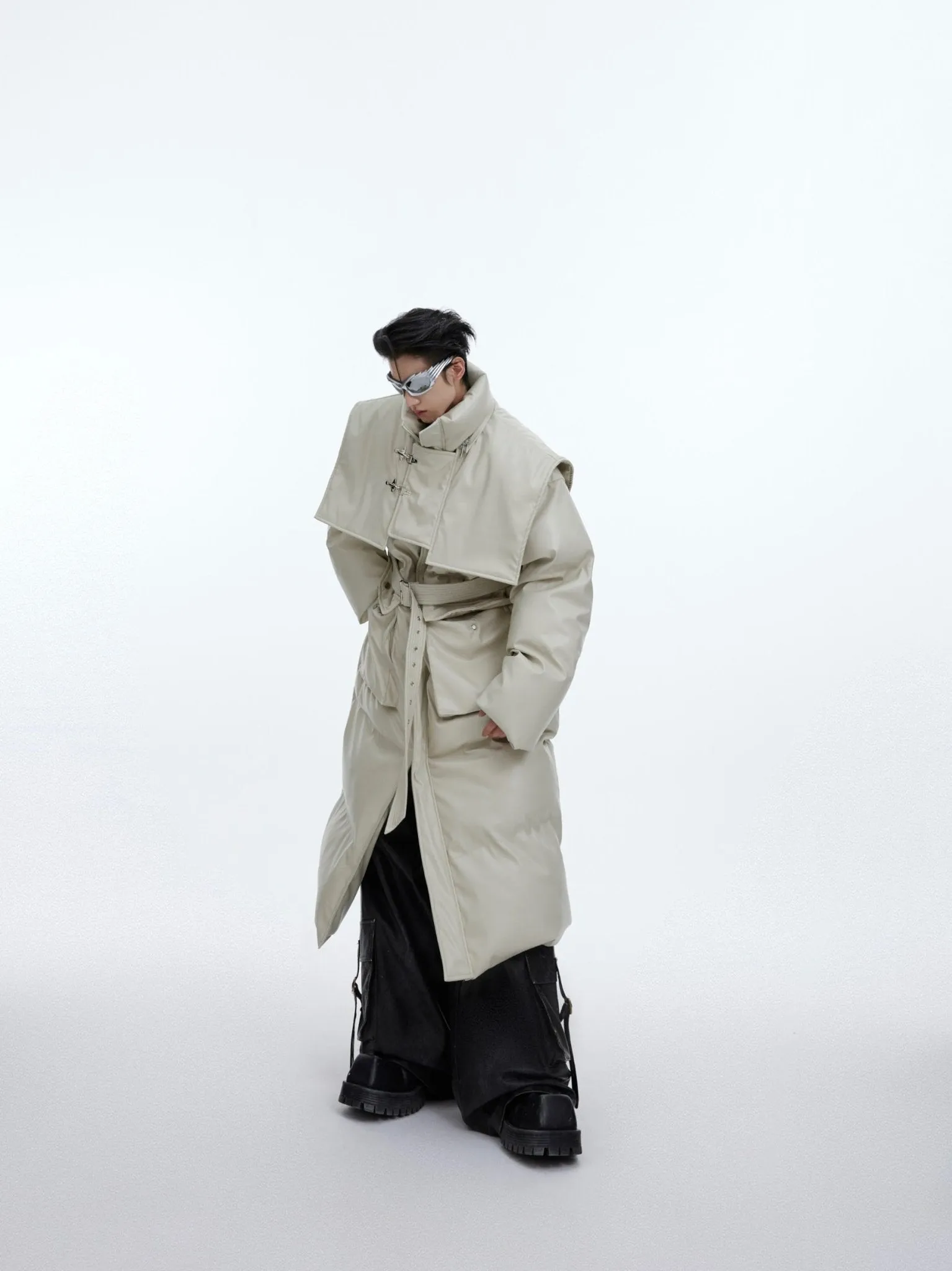 Deconstructed Longline Hooded Puffer | Designer Thick Leather Overcoat