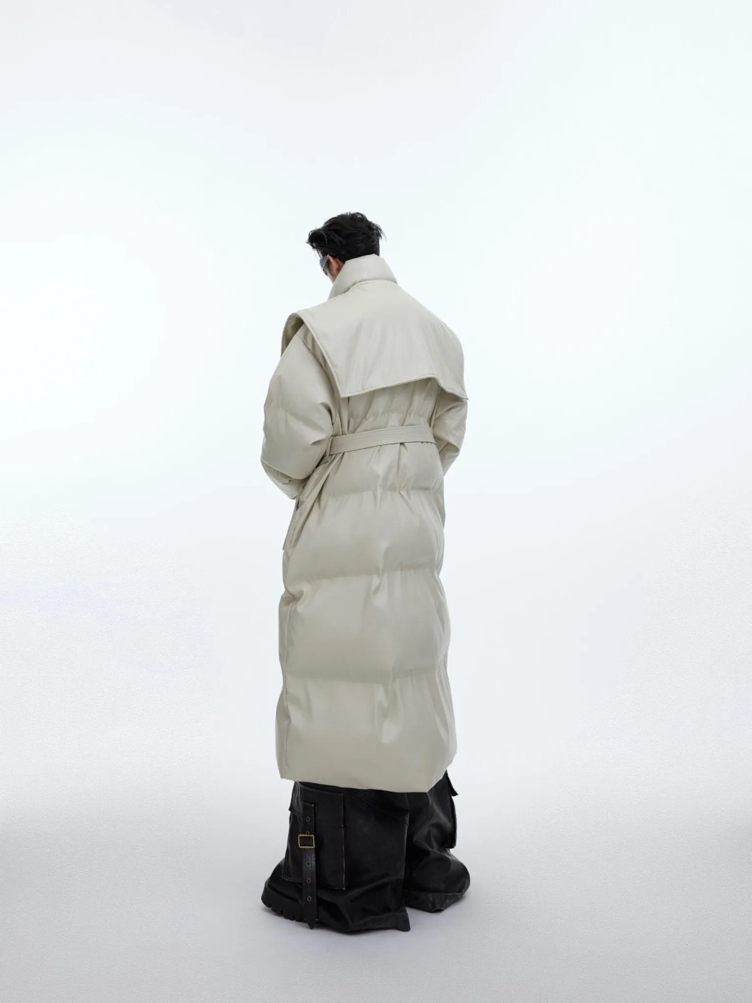 Deconstructed Longline Hooded Puffer | Designer Thick Leather Overcoat