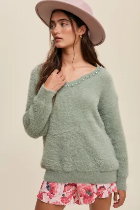 Deep V Pearl Fuzzy Sweater