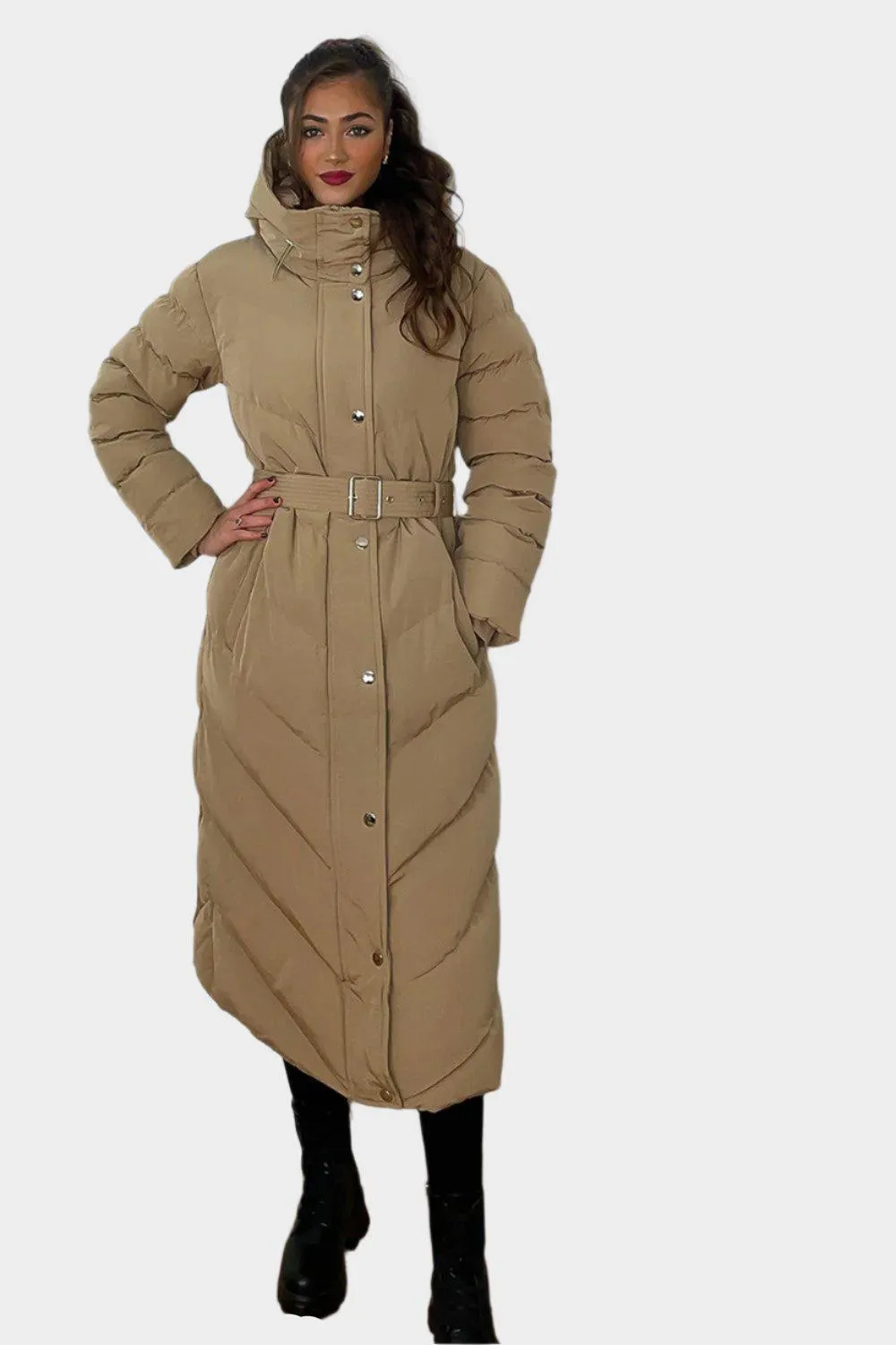 Drawstring Hood Belted Midi Puffer Jacket