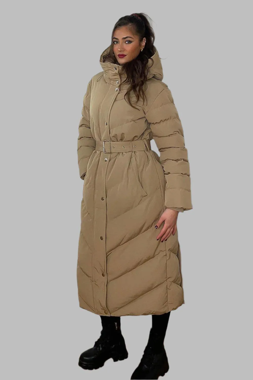 Drawstring Hood Belted Midi Puffer Jacket