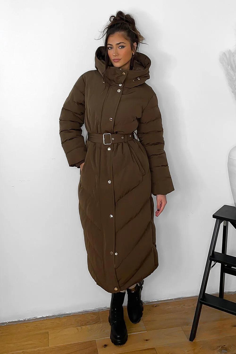 Drawstring Hood Belted Midi Puffer Jacket