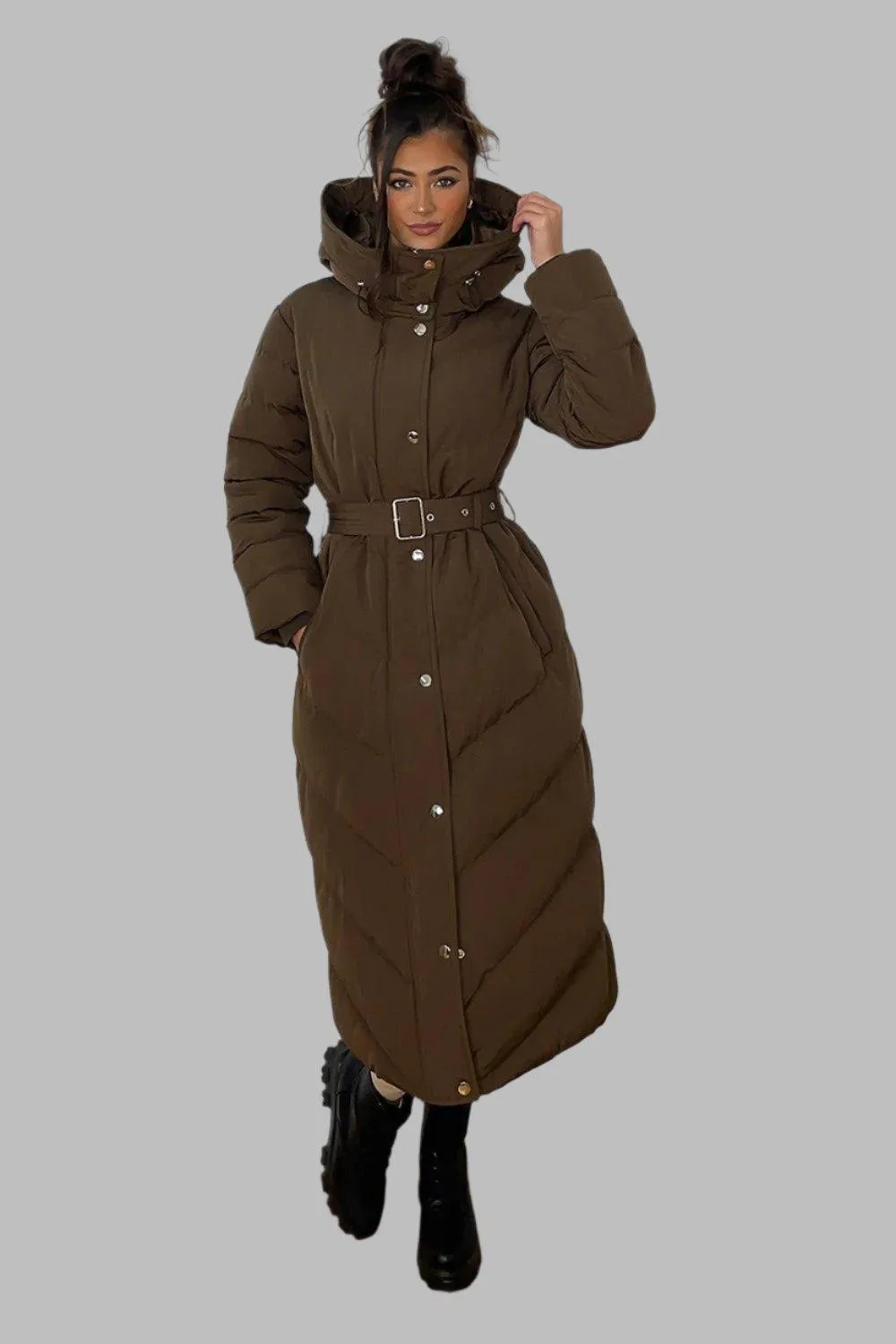 Drawstring Hood Belted Midi Puffer Jacket