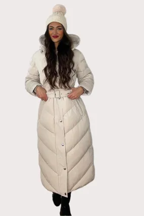 Drawstring Hood Belted Midi Puffer Jacket