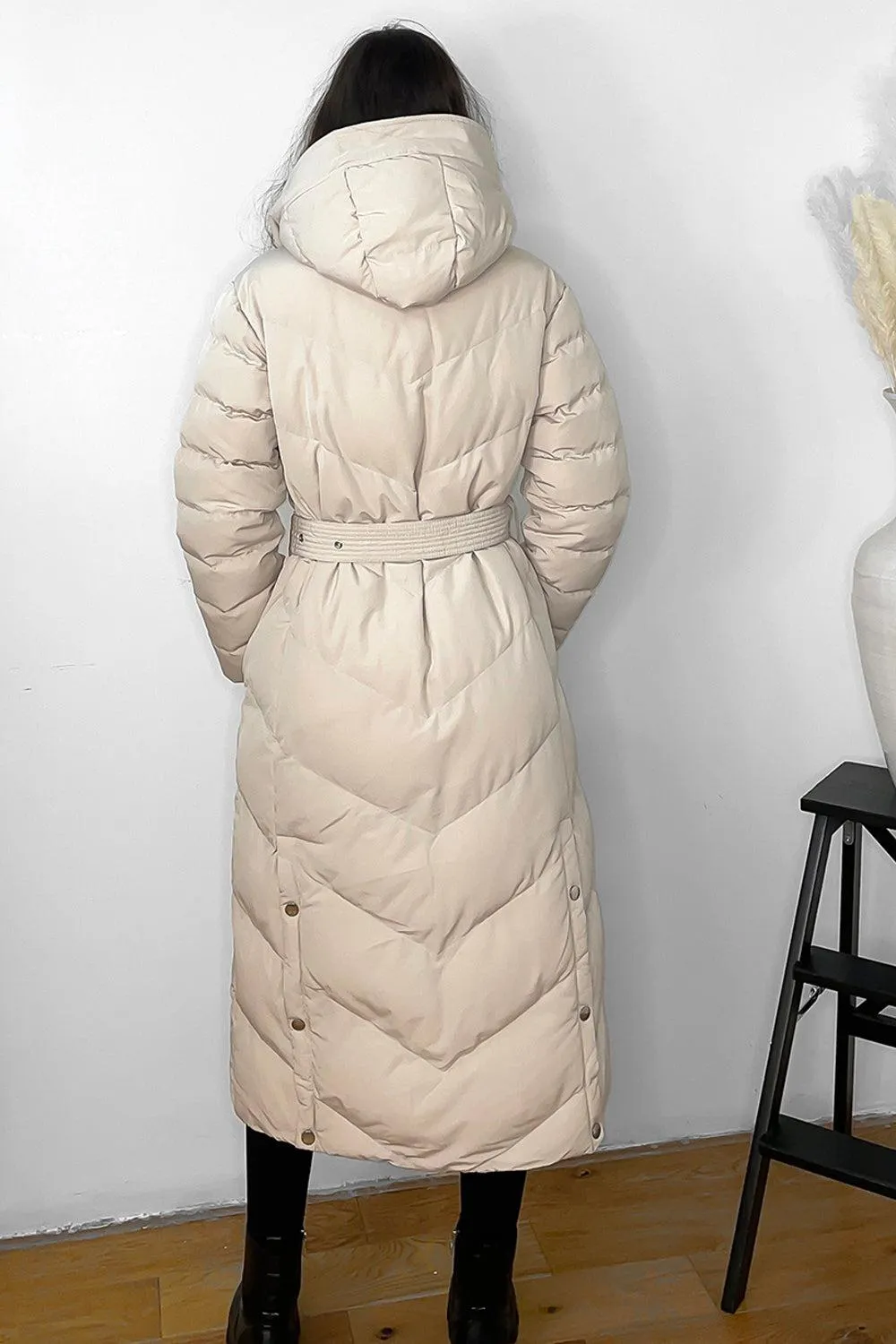 Drawstring Hood Belted Midi Puffer Jacket