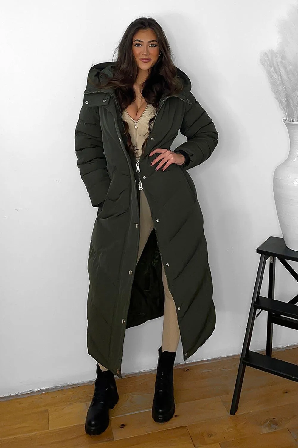 Drawstring Hood Belted Midi Puffer Jacket