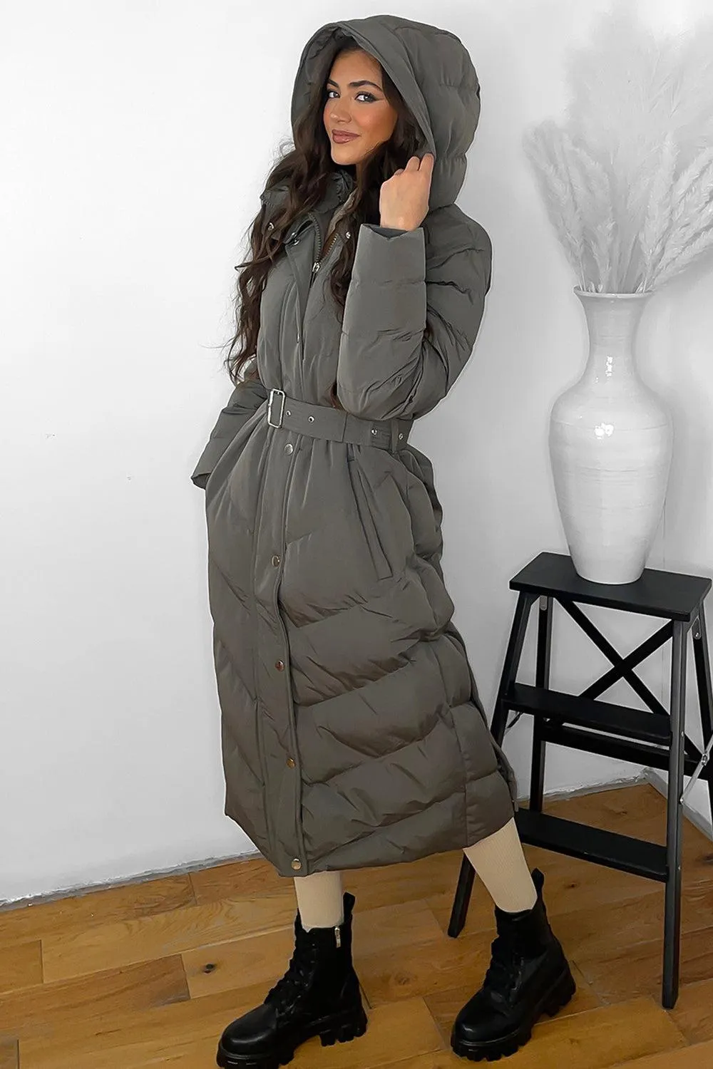 Drawstring Hood Belted Midi Puffer Jacket