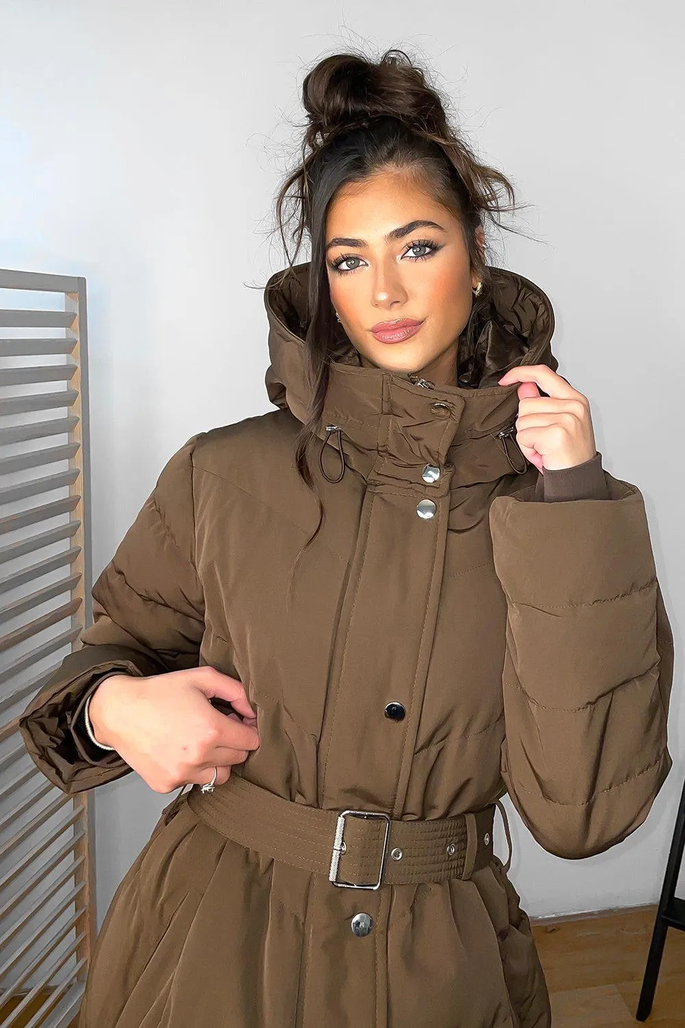 Drawstring Hood Belted Midi Puffer Jacket