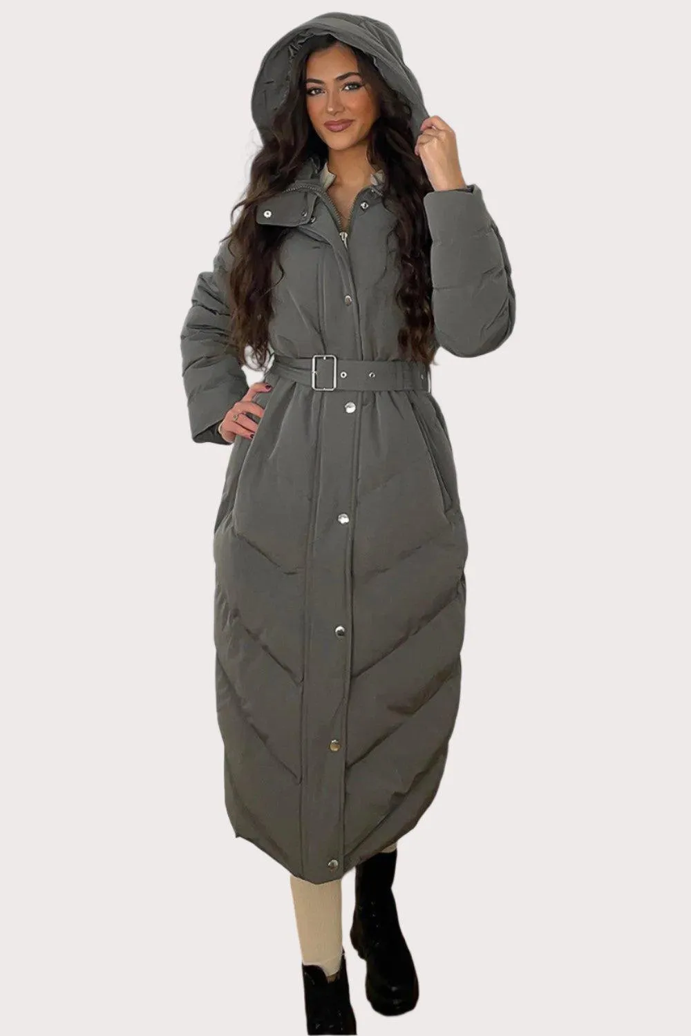 Drawstring Hood Belted Midi Puffer Jacket