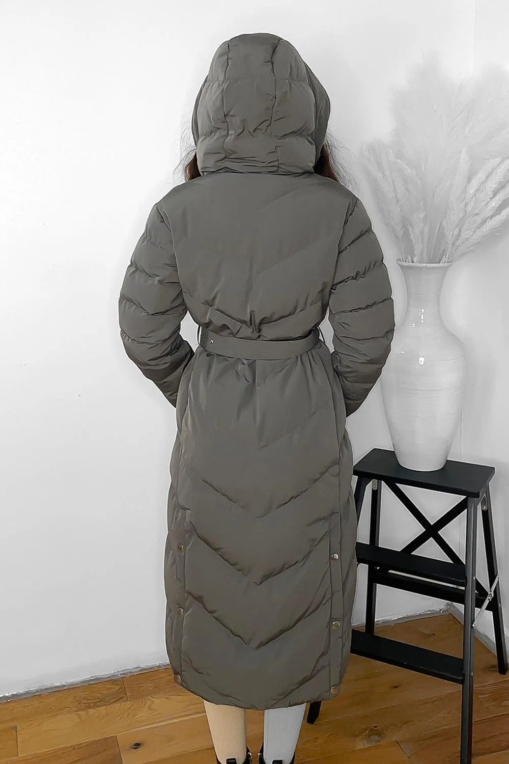 Drawstring Hood Belted Midi Puffer Jacket