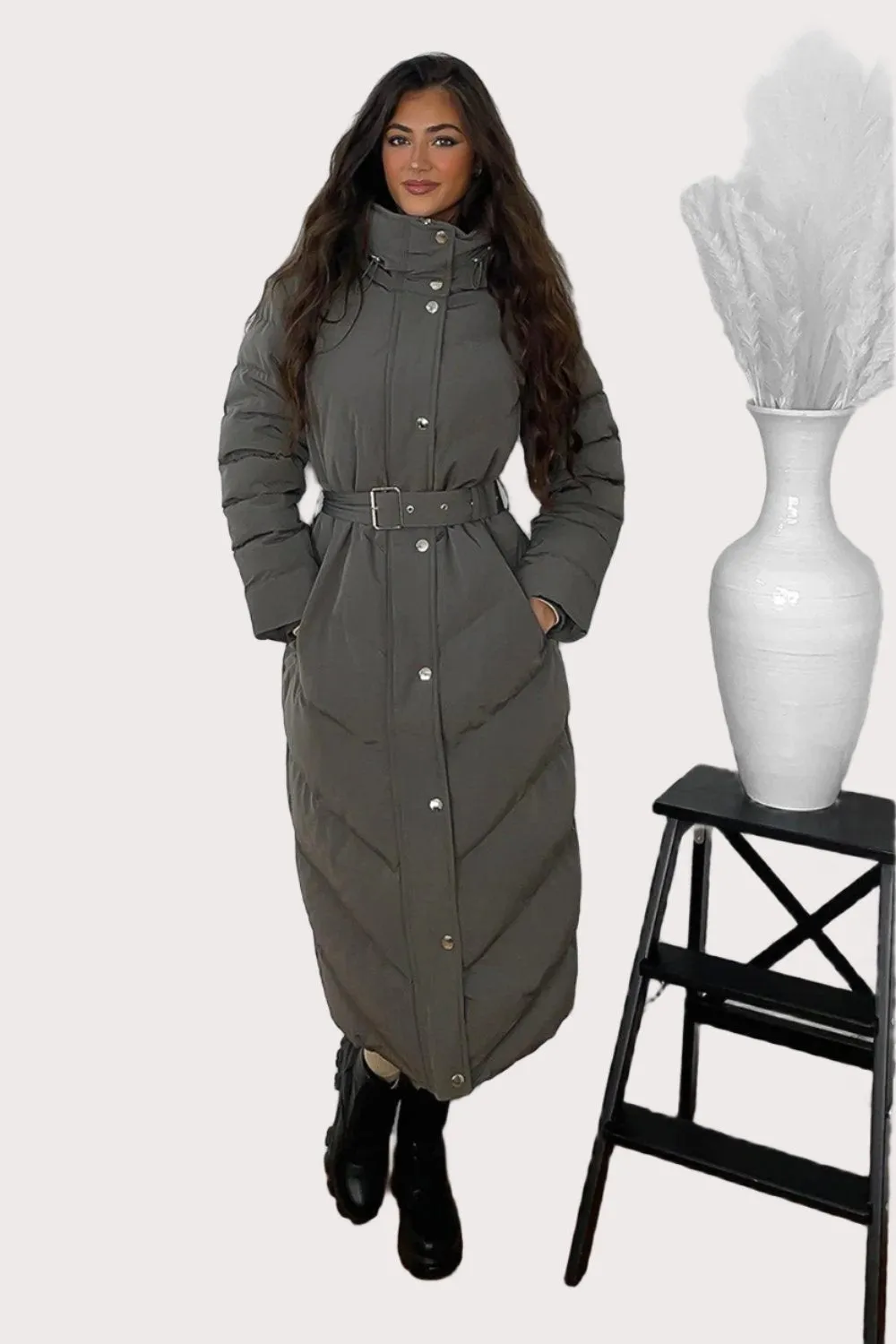 Drawstring Hood Belted Midi Puffer Jacket