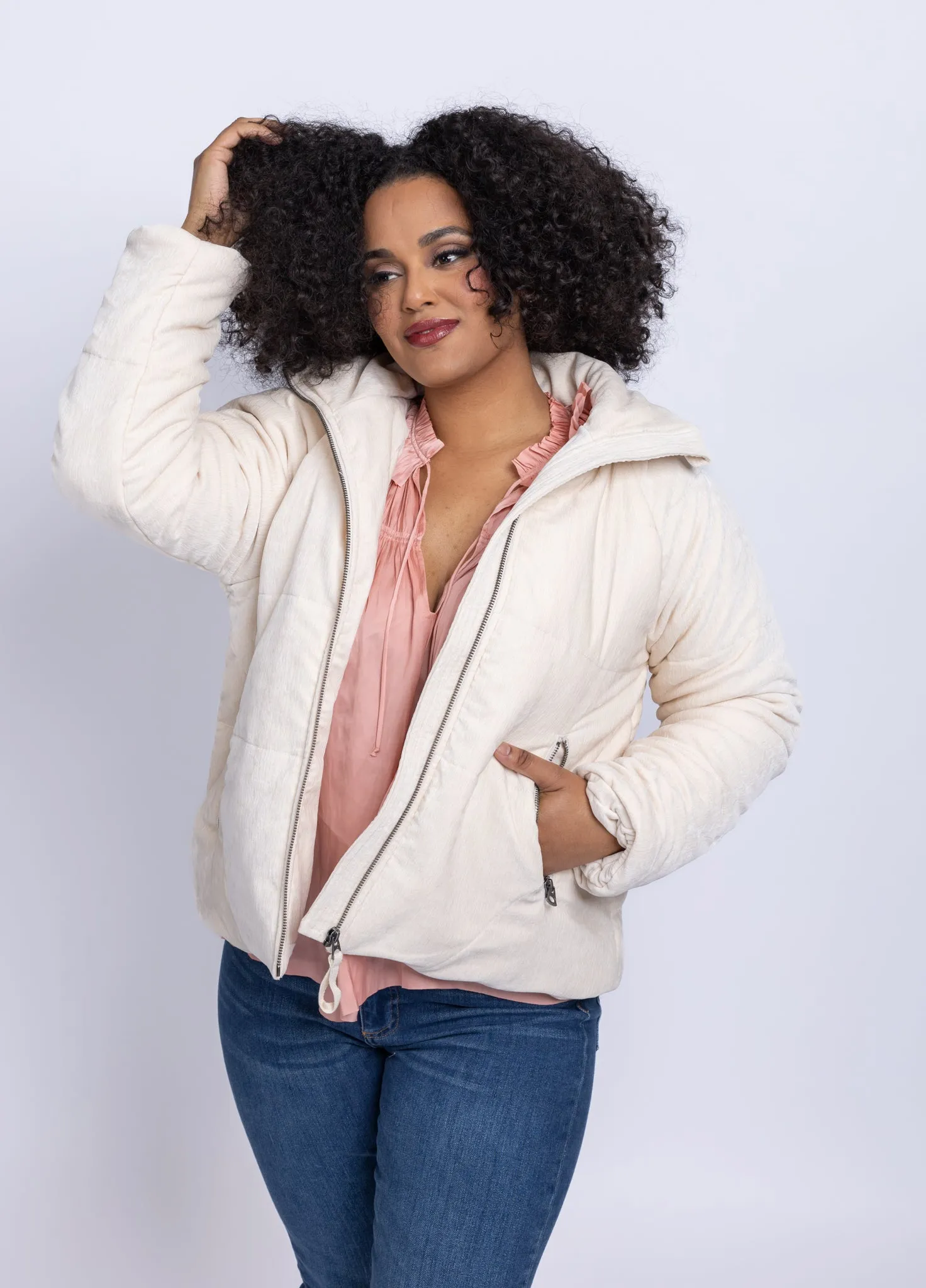 Dylan Velvet Puffer Jacket in Cream