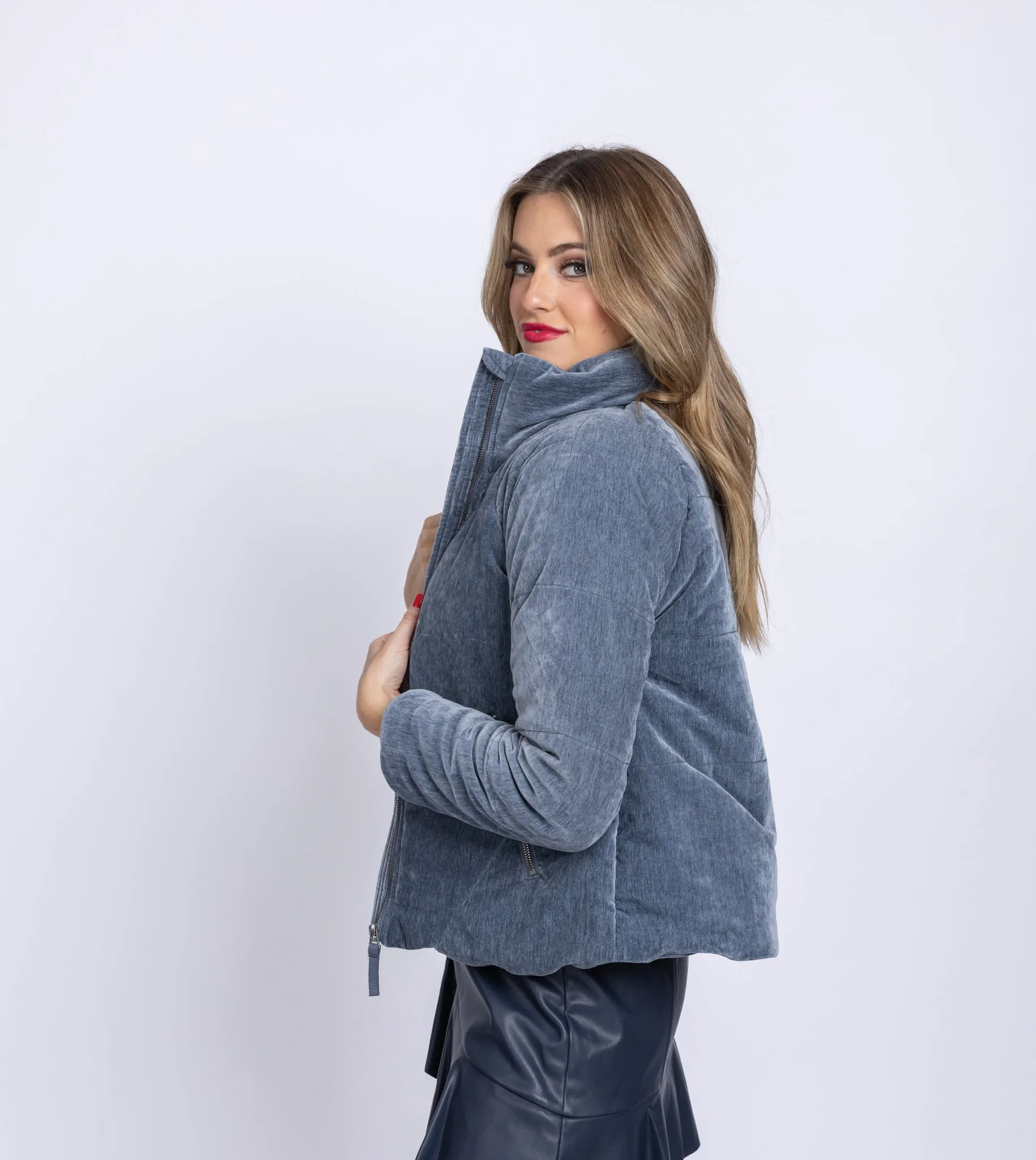 Dylan Velvet Puffer Jacket in Denim