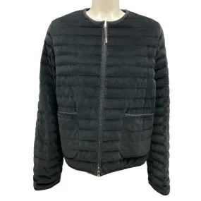 Fabiana Filippi Black Zip-Front Quilted Down Puffer Velvet Jacket