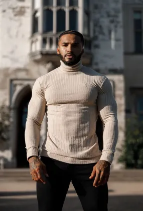 Father Sons Classic Beige Ribbed Knit Roll-neck Sweater - FSH959