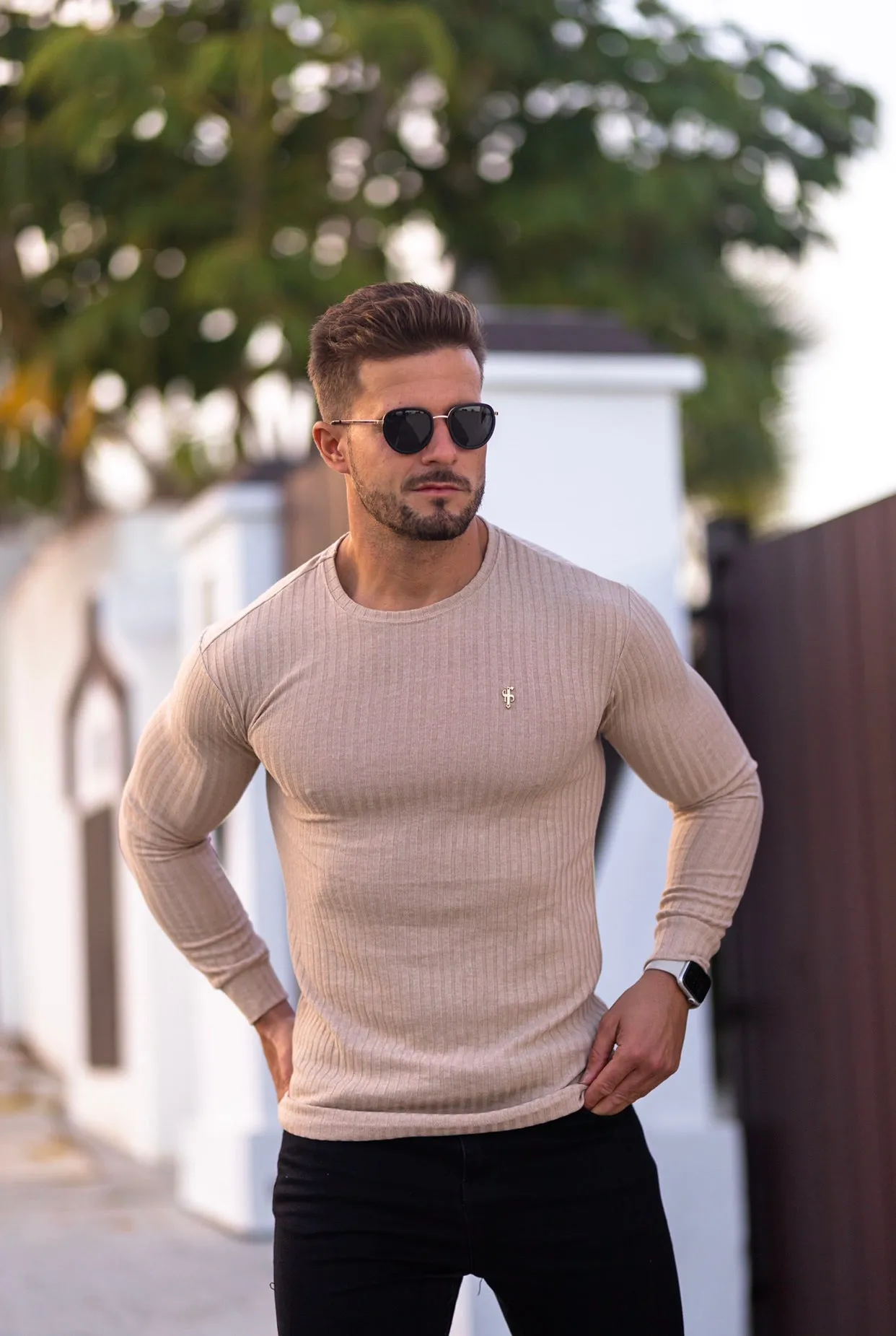 Father Sons Classic Beige Ribbed Knit Sweater With Gold Emblem - FSH535