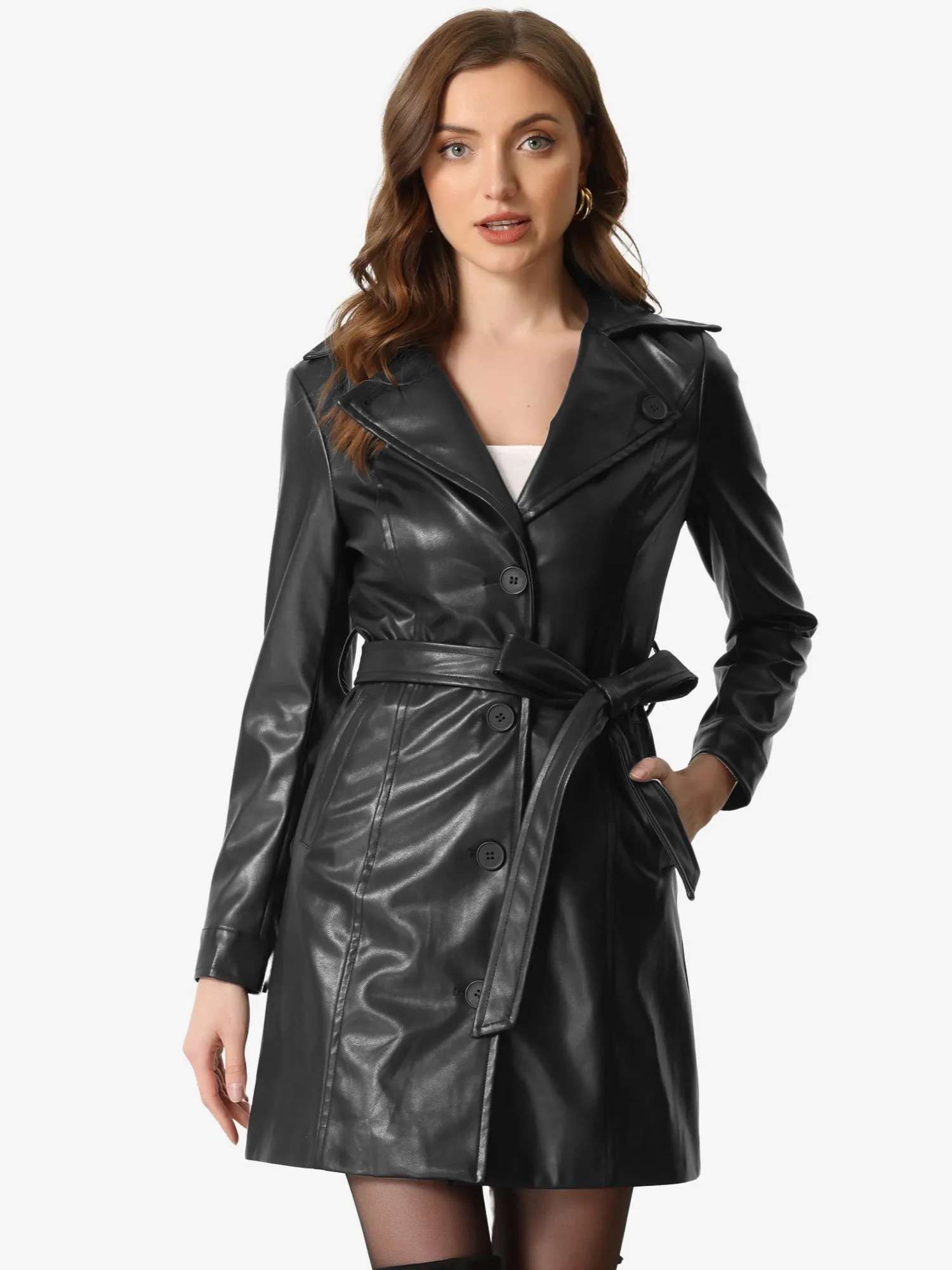 Faux Leather Notched Lapel Collar Button Down Steampunk PU Coat