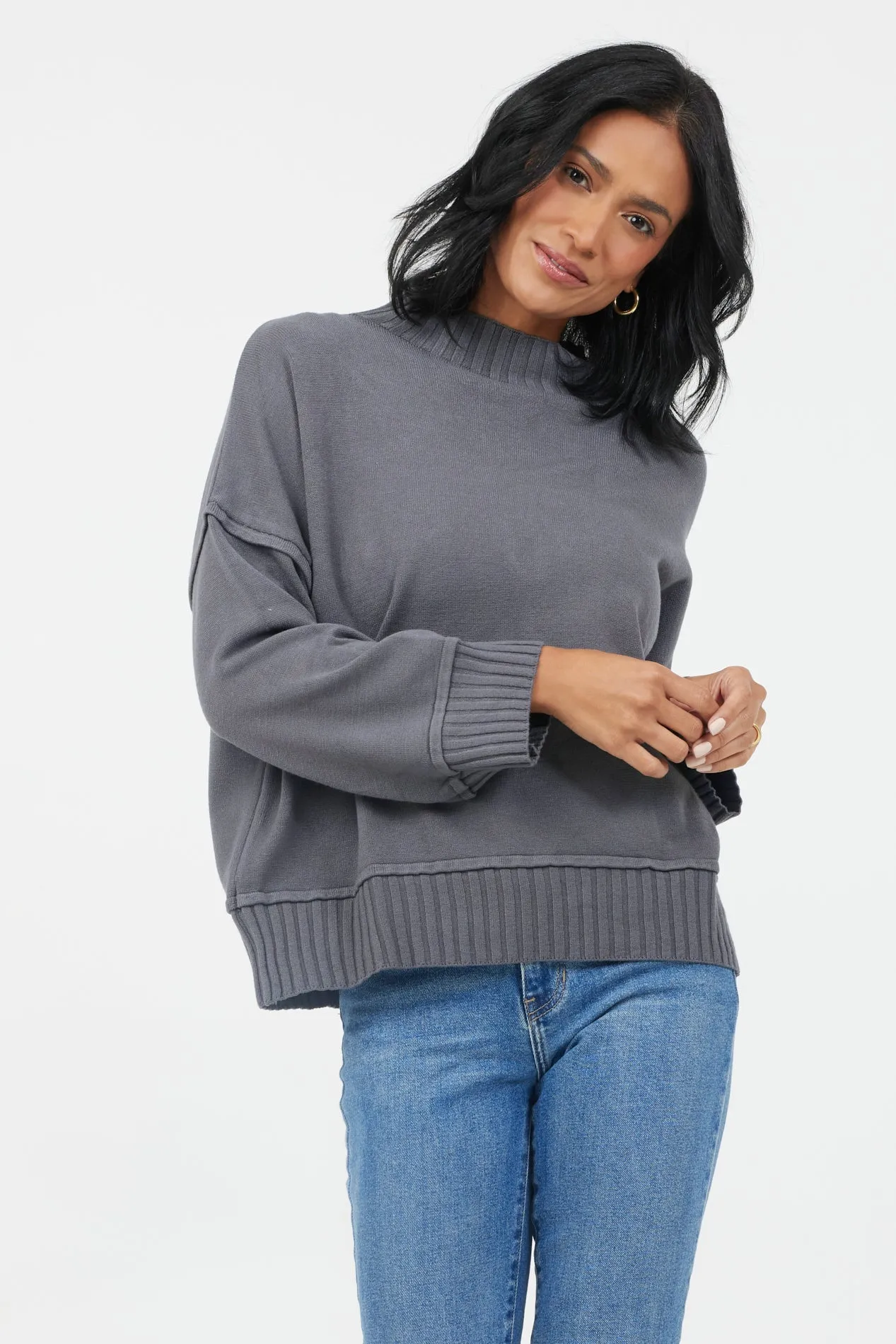 Florenza Turtle Neck Rib Detail Knit Sweater - Smoke Grey