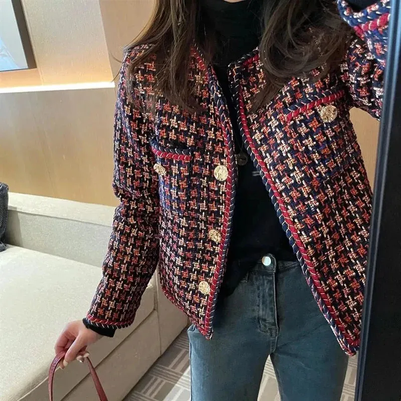 Flytonn-Fall Outfits Women Elegant Weave Plaid Women Blazer Pocket Plus Velvet Winter Causal Tweed Coat Office Ladies Suit Jacket