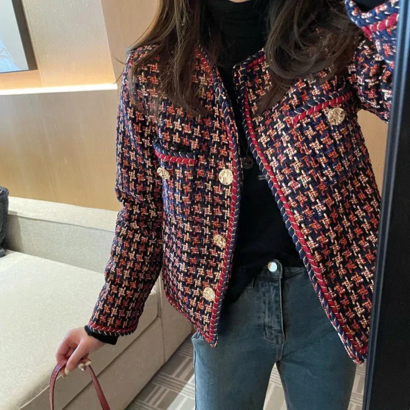 Flytonn-Fall Outfits Women Elegant Weave Plaid Women Blazer Pocket Plus Velvet Winter Causal Tweed Coat Office Ladies Suit Jacket