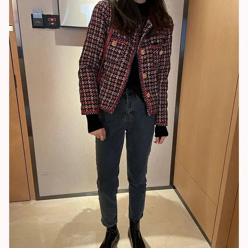 Flytonn-Fall Outfits Women Elegant Weave Plaid Women Blazer Pocket Plus Velvet Winter Causal Tweed Coat Office Ladies Suit Jacket