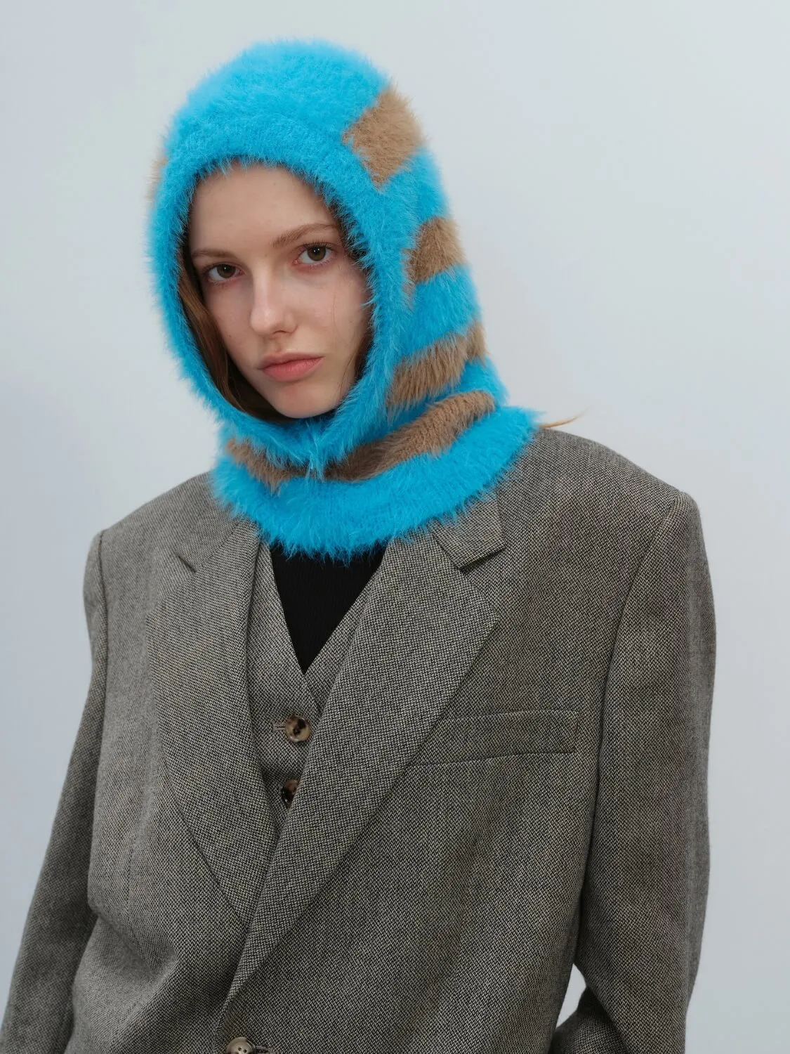 French Style Faux Mink Fur Balaclava Knit Hat - blue